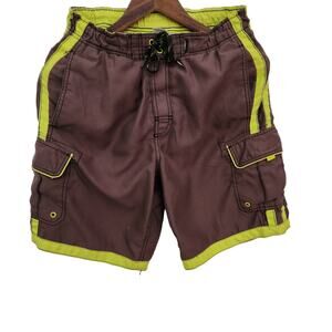 Joe Boxer Swim Trunks Shorts Neon Green Brown Speed Dry Cargo men small size